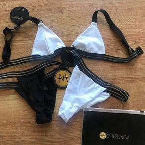Mochi Swim M white top, S white & S black bottom